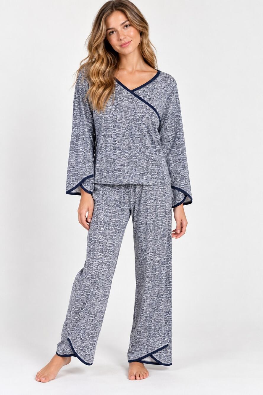 Garnet Hill Organic Cotton Blue Asian Wrap Pajama Set Medium